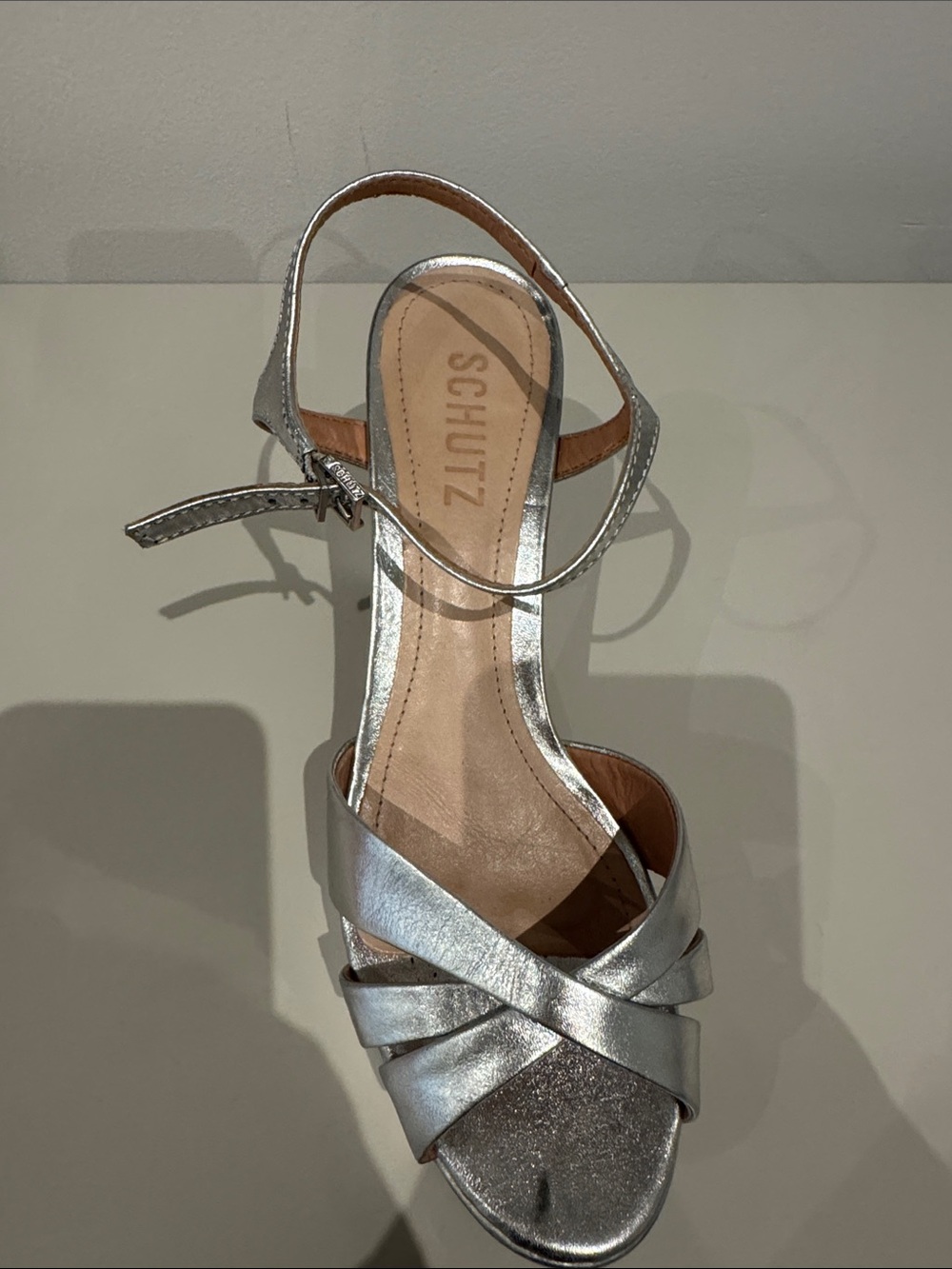 SCHUTZ Metallic Silver Crisscross Ankle-Strap Heel